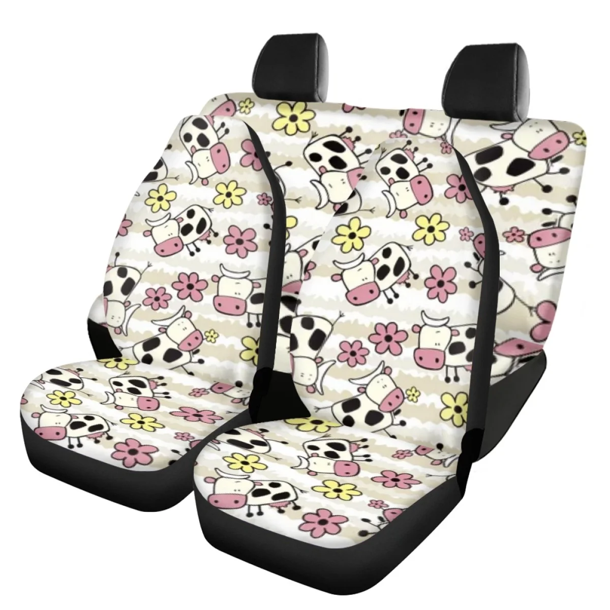 Full Set Front and Back Car Seat Covers Cute Milk Cow Cartoon Pattern Sedan Seat Cushion Protection Comfort Car Accessories Gift