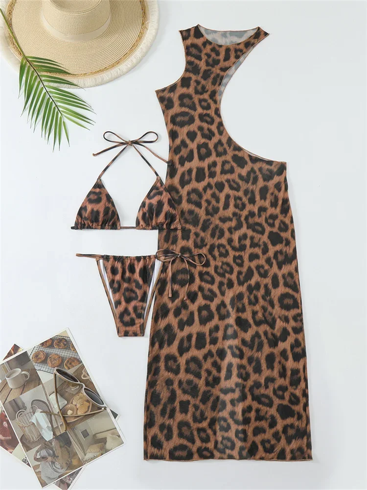 Sexy Brown Leopard Print Bikini 2024 Mujer Sleeveless Cover Up 3 Piece Swimsuit Summer Holiday Bathing Suit Thong Dress Swimwear