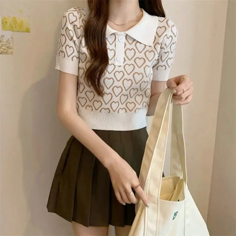 المرأة أزياء هندسية الجاكار خمر محبوك قمصان بولو الصيف ضئيلة أنيقة قصيرة الأكمام رقيقة تخفيف قمم #6