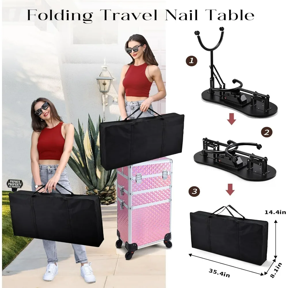 Portable foldable nail table with dust collector, nail armrest, professional nail table, 4 lockable wheels and storage bag