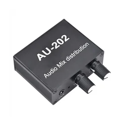 AU-202 2 Input 2 Output Stereo Mixer Audio Distributor for Headphone External Power AMP Volume Alone Control