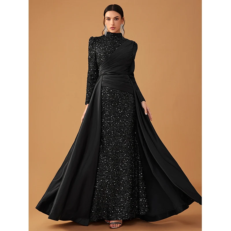 

2024 New Fashion Women Long Sleeve O Neck High Waist Black Sequins Ball Gown Cocktail Prom Evening Formal Occasion Maxi Dress