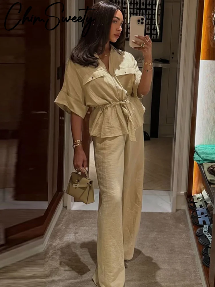 Casual Coat Pant Set Women Loose Zipper V-neck Lace Up Pleat Top Wide Leg Trousers Suit 2026 Spring Summer Lady Outfits New