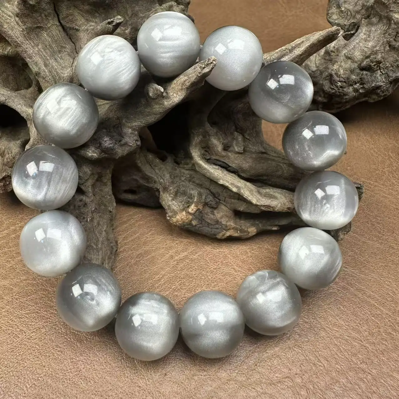 12/14/16/20mm Resin Round Gray Cat Eye Beads with Golden Line Bracelet Adjustable Unisex Yoga Gift view 2