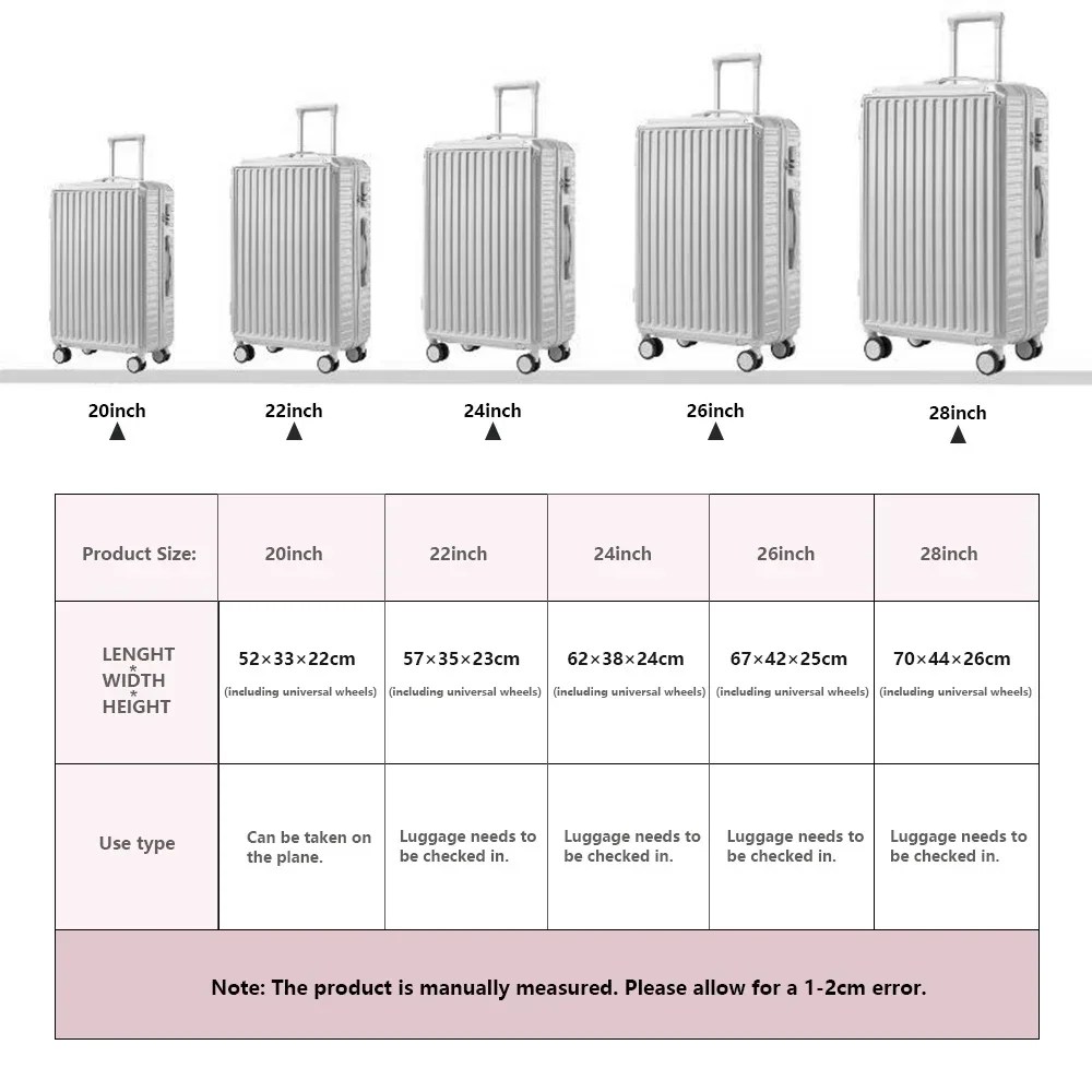 Maleta de viaje con marco de aluminio, portaequipajes con ruedas de 20, 24 y 28 pulgadas, Maleta de viaje