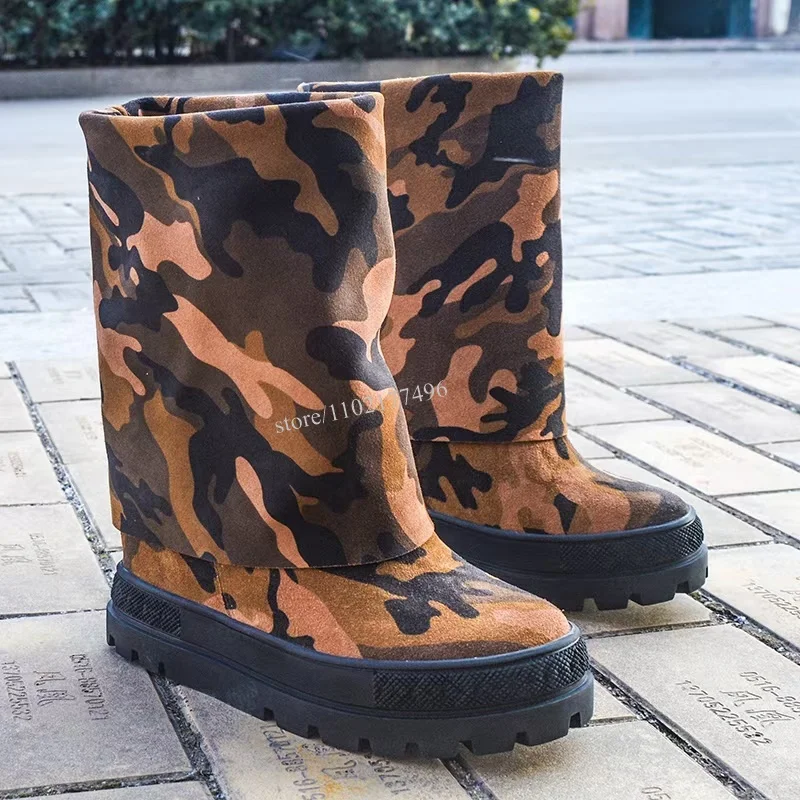 Winter Camo Boots Men Women Heightening Sporty Calf Booties Denim Graffiti Street Style Mixed Colors Patchwork Fashion New Shoes