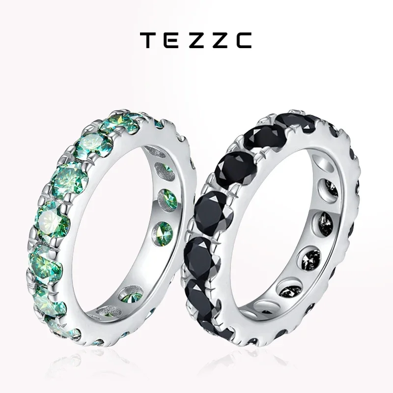 Tezzc Full Moissanite Rings for Couple 925 Sterling Silver Green Black Moissanite Engagement Ring W oman Wedding Party Band Gift