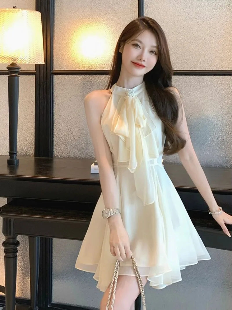 French Celebrity Irregular Chiffon Hanging Neck Dress Women Ruffled Edges Patchwork Ribbon Sleeveless Solid Summer Princess Wear