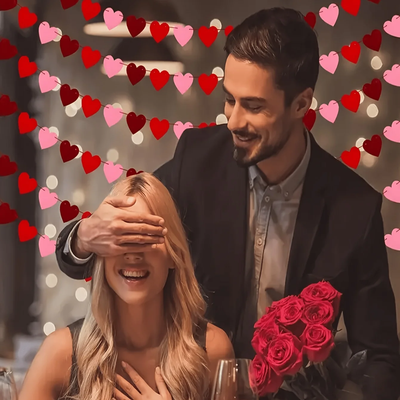 مجموعة الرايات على شكل قلب من اللباد مكونة من 3 قطع - مزيج بوليستر وردي وأحمر، لا حاجة للكهرباء، مثالي لعيد الحب، اقتراح