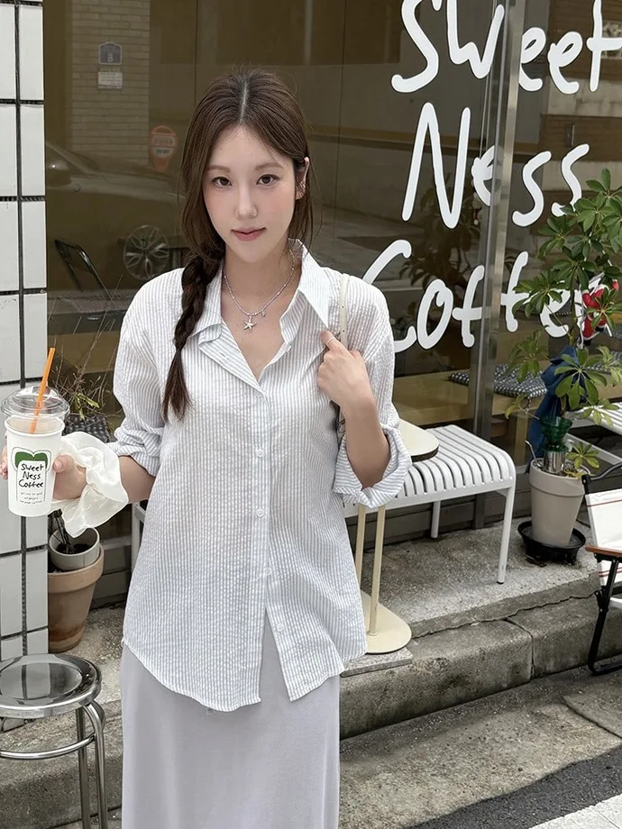 

Korean Sle Loose Fit Long Sve irt Women's New Sle Striped Casual irt Fre Air Feelings Early Autumn High End Sense
