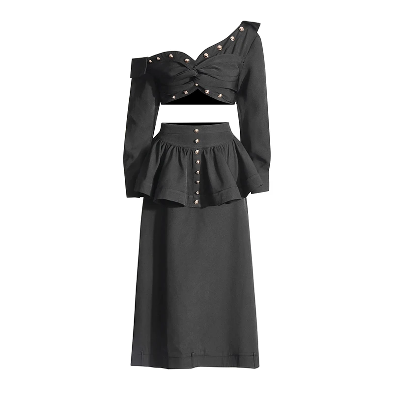 ONEINALL Smukłe dwuczęściowe zestawy dla kobiet Diagonal Collar Long Sleeve Spliced Ruffled Shirt High Waist A Line Skirt Chic Set Female