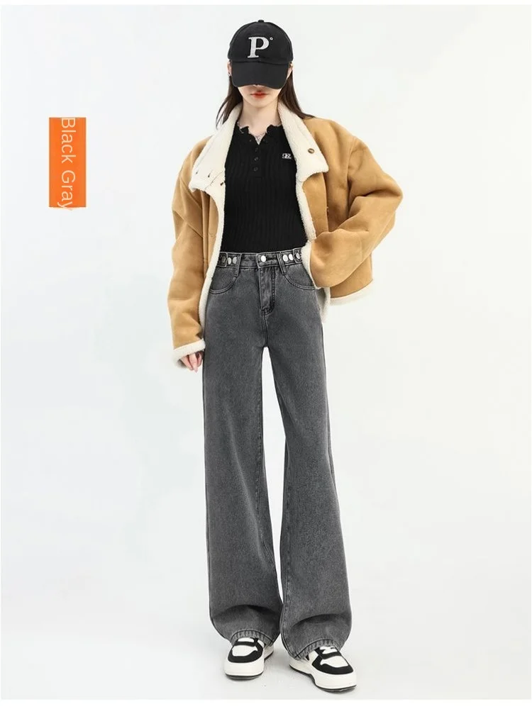 Womens Y2K Jeans High Waist Loose Fit Multi Button Adjustable Winter  Fleece Lined Korean Style Slim Straight Wide Leg Pants