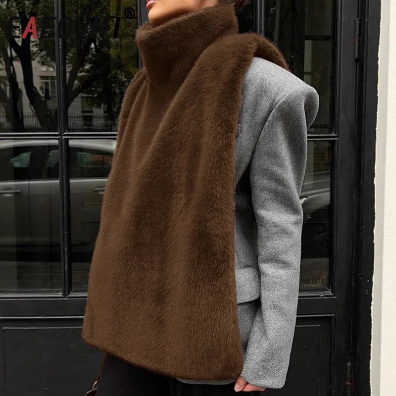 

EAEOVNI, новый зимний меховой дизайнерский жилет, женская водолазка, теплая шаль без рукавов, однотонная уличная одежда, топы, модная одежда