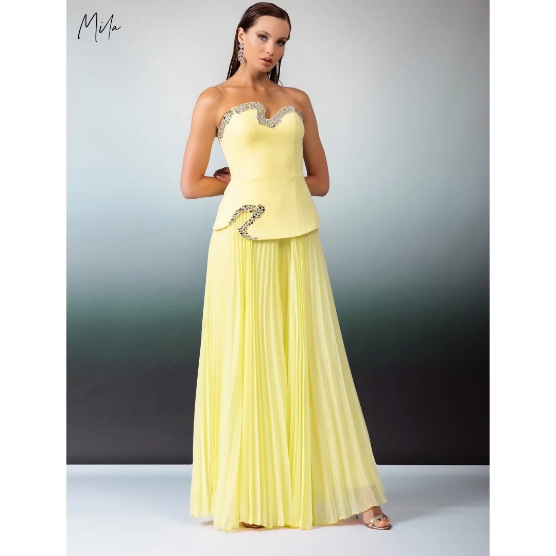 

Bright Yellow Strapless Heart Neck Beaded Peplum Customized Formal Evening Pleated Floor-Length Gown vestidos de gala Elegant