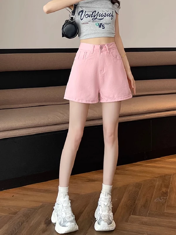ハイウエストAラインデニムショートパンツ レディース 夏 薄手 ゆったり フェードエッジ カラーブロック ヒップアップ トレンド ホットパンツ ダーティーピンク