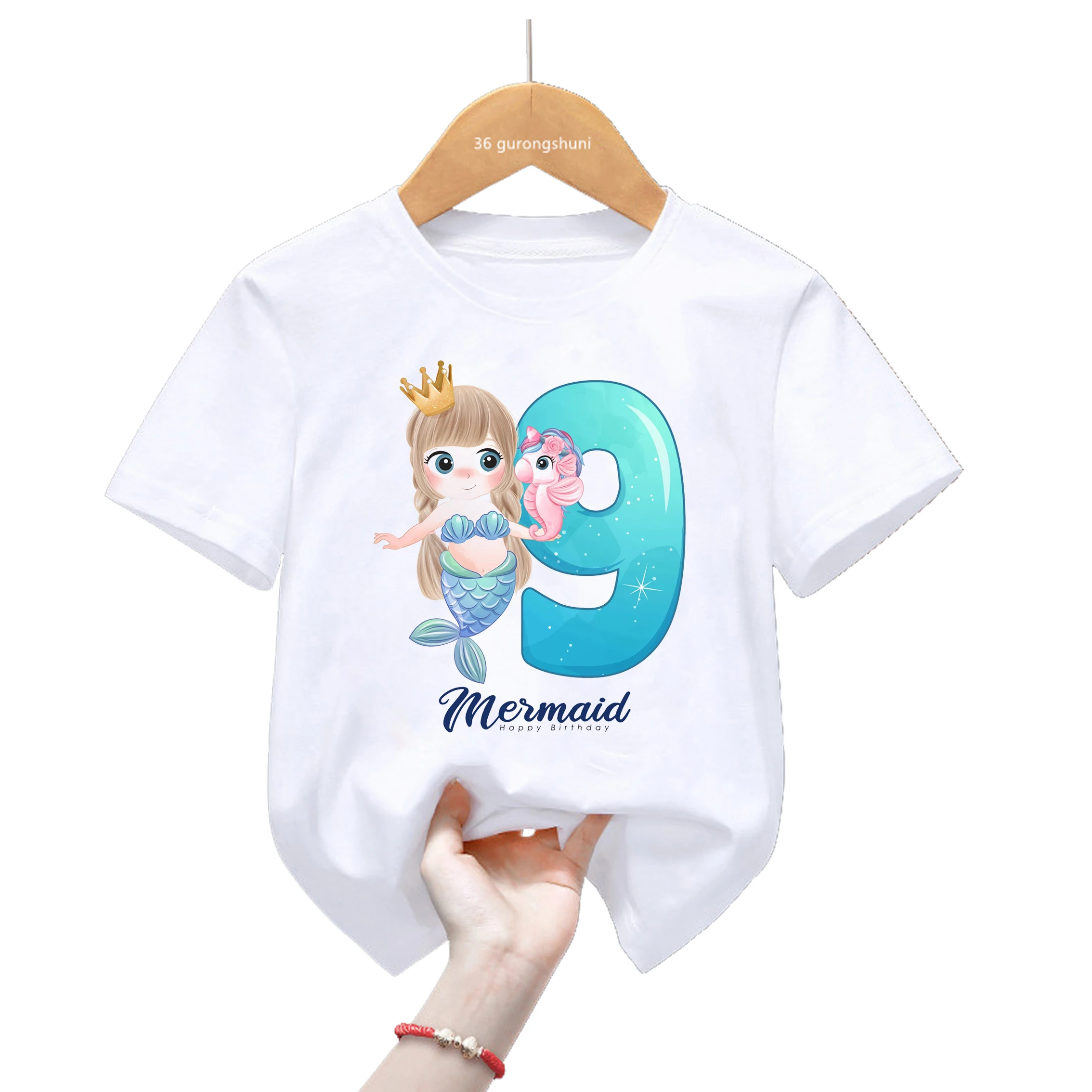 Camiseta de sirena con número 1-9 para niños y niñas, camiseta de feliz cumpleaños con nombre personalizado, ropa para niños, camisetas de manga corta