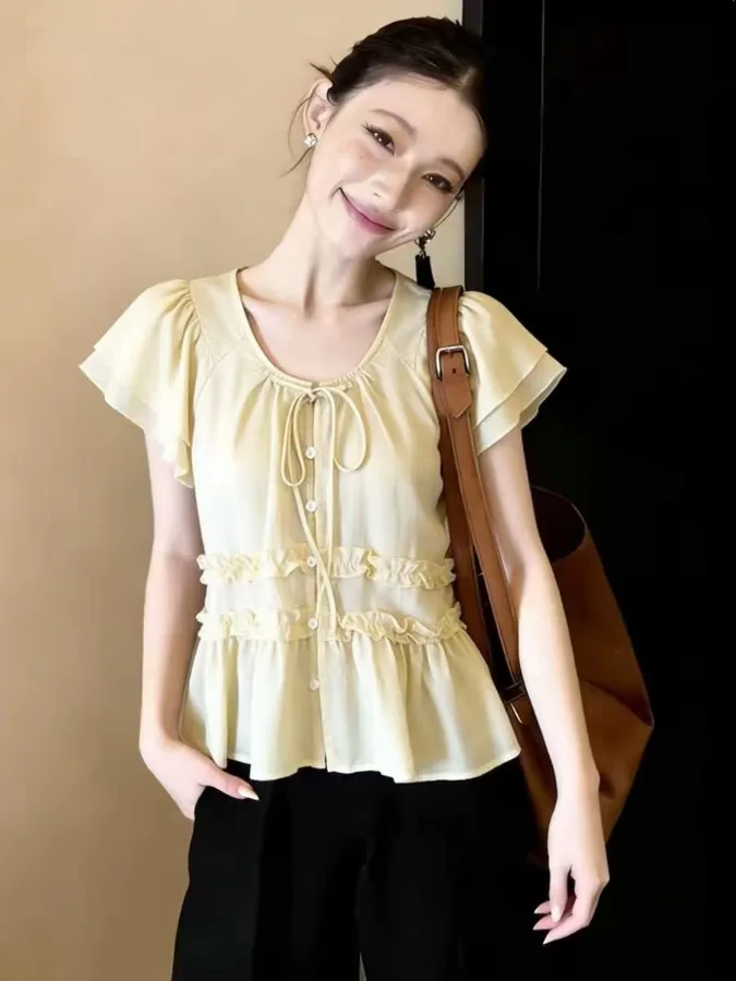 

Summer Women's Short Sleeve Shirt Bow Tie Flounce Hem Large Size Slimming Anti-Aging Korean Style Breathable Casual Top