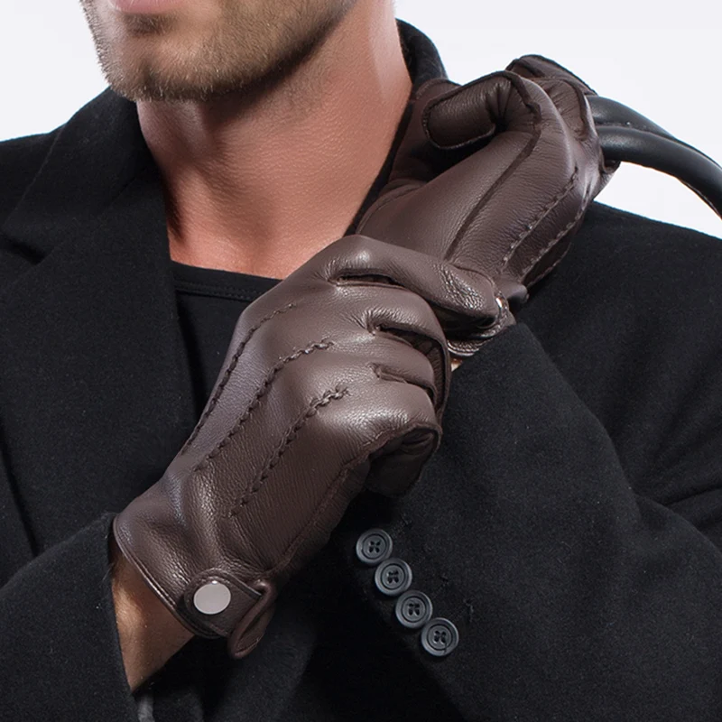 New Fashion Mens Leather Gloves Button Wrist Solid Genuine Leather Male Driving Gloves Winter Warm Gloves Man Mittens