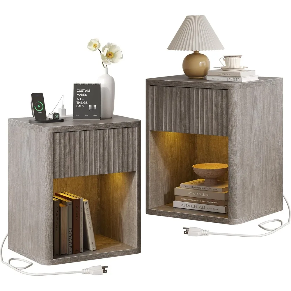 Set of 2 Nightstands, Nightstand with Charging Station & LED Light, Fluted Night Stand with Drawer, Mid Century Modern Bedside T