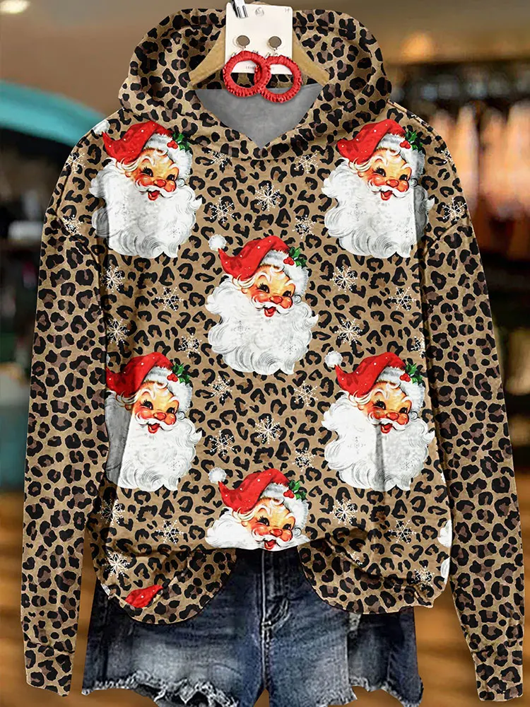 Classic Christmas Santa Claus Print Hoodie Casal Long Sleeve Sweatshirt