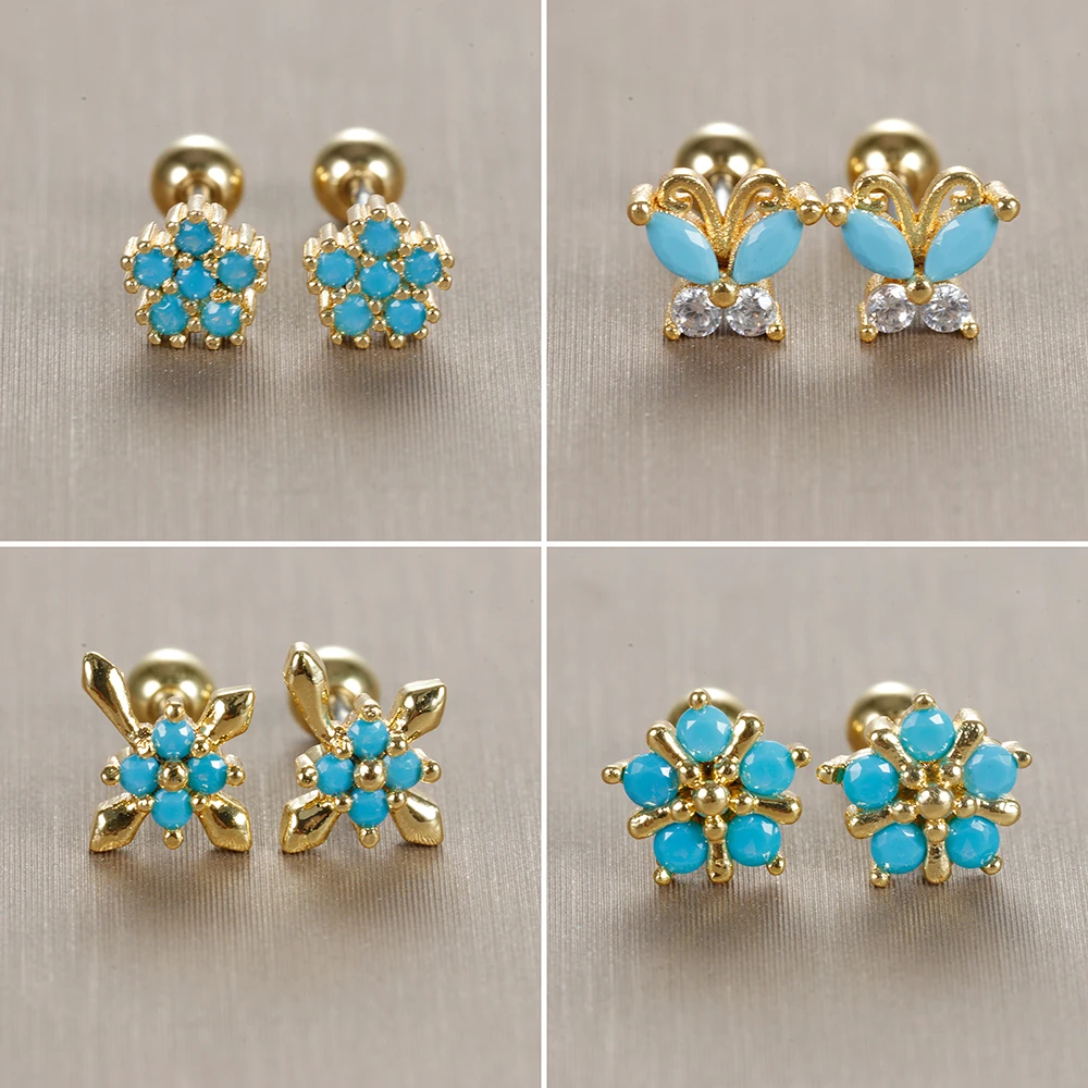 2pcs Stainless Steel Petal Turquoise Stud Earrings for Women Gold Color Piercing Screw Earring Fashion Wedding Jewelry 2023