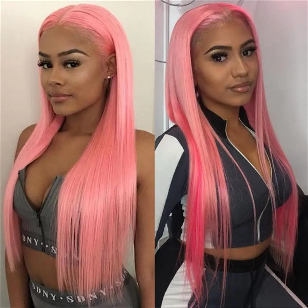 FANXITION Light Pink Lace Front Wigs for Women Long Silky Straight Synthetic Hair Wig Pink Lace Frontal Wig Heat Fiber Cosplay