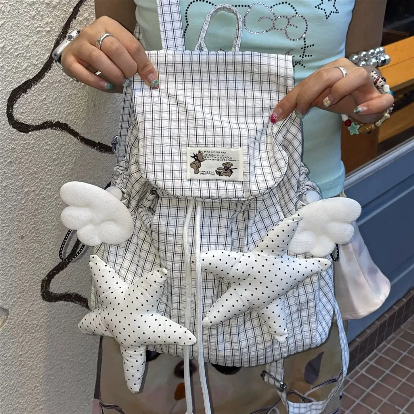 

Рюкзак Harajuku с крыльями и звездой, женский клетчатый холщовый рюкзак большой емкости, женский субкультура Y2K, универсальный легкий Mochilas Mujer