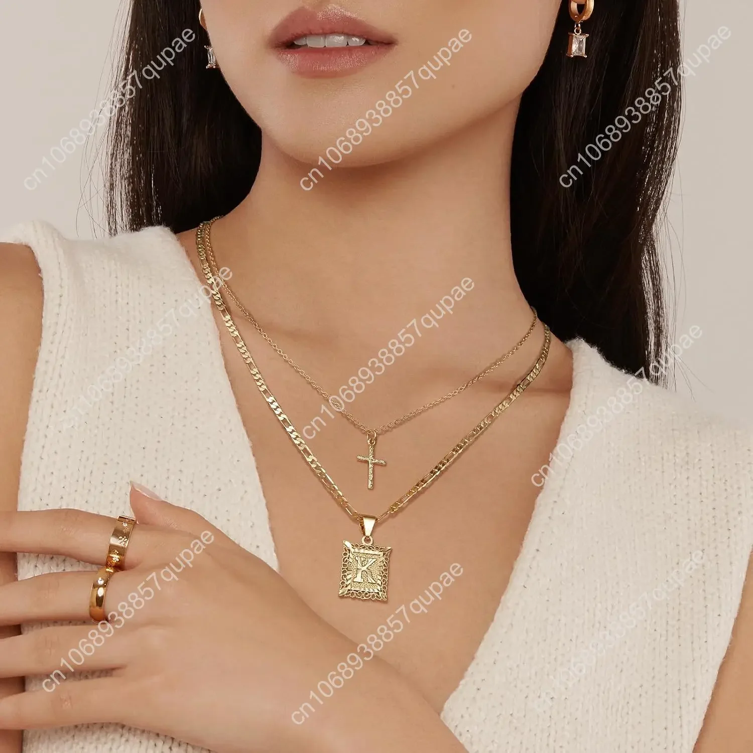 KELORIS PATH Золотое многослойное ожерелье с первоначальным крестом, 14-каратное позолоченное многослойное квадратное колье с буквами Фигаро-цепочка с крестом из