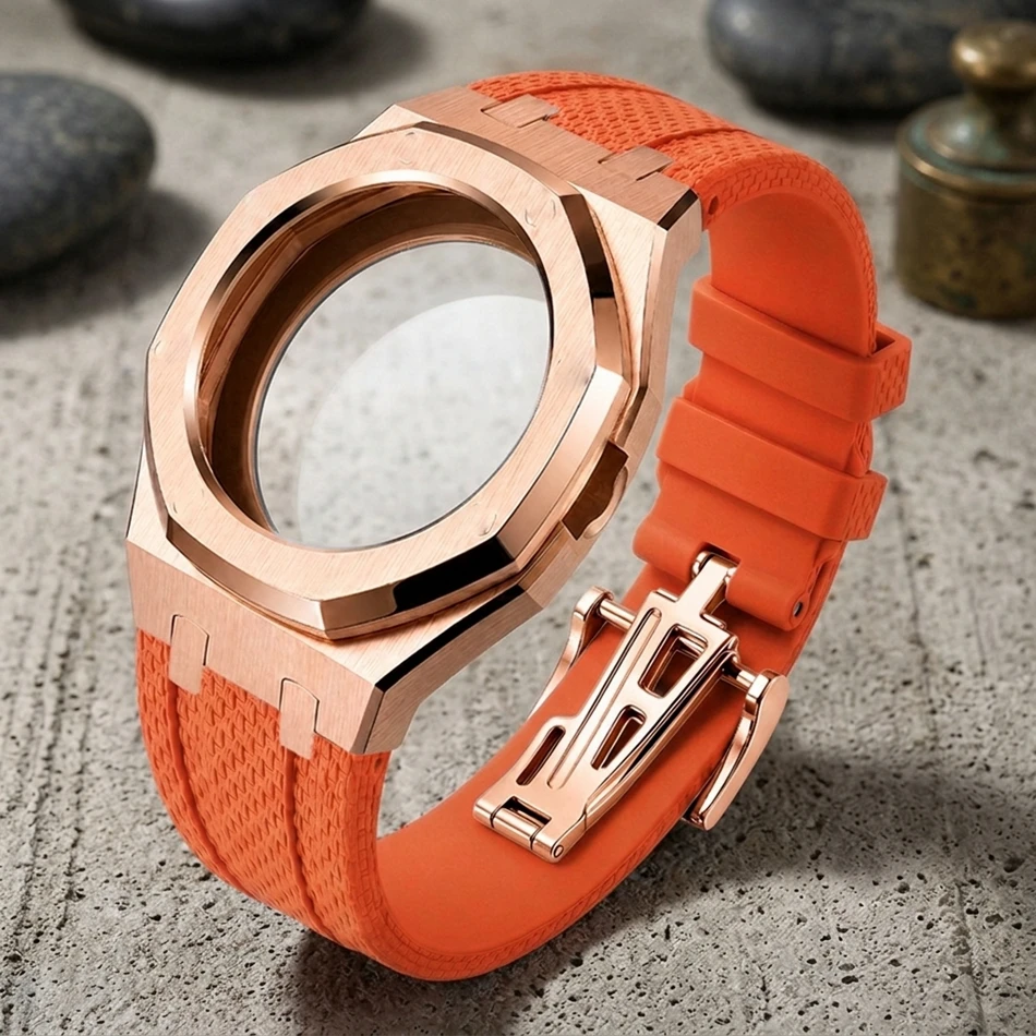 Full-Coverage Integrated Fluororubber Watch Strap For Swatch X AP Royal POP Stainless Steel Protective Case Bands Set Wristwatch
