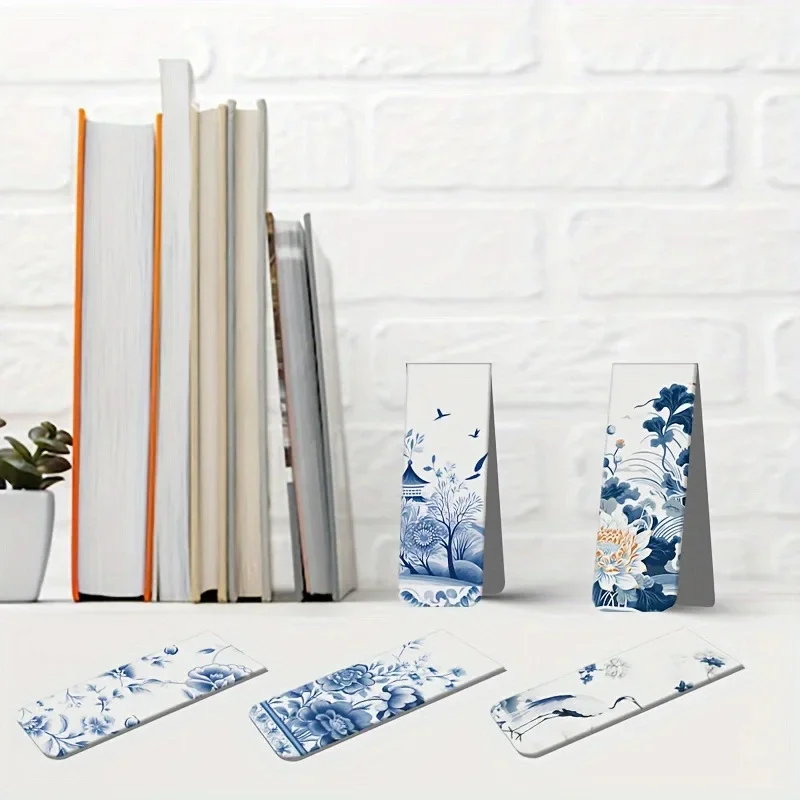 12 Pcs Blue and White Porcelain Style Magnetic Bookmarks with Various Patterns, Magnetic Reading Bookmarks, Page Clipping Marker