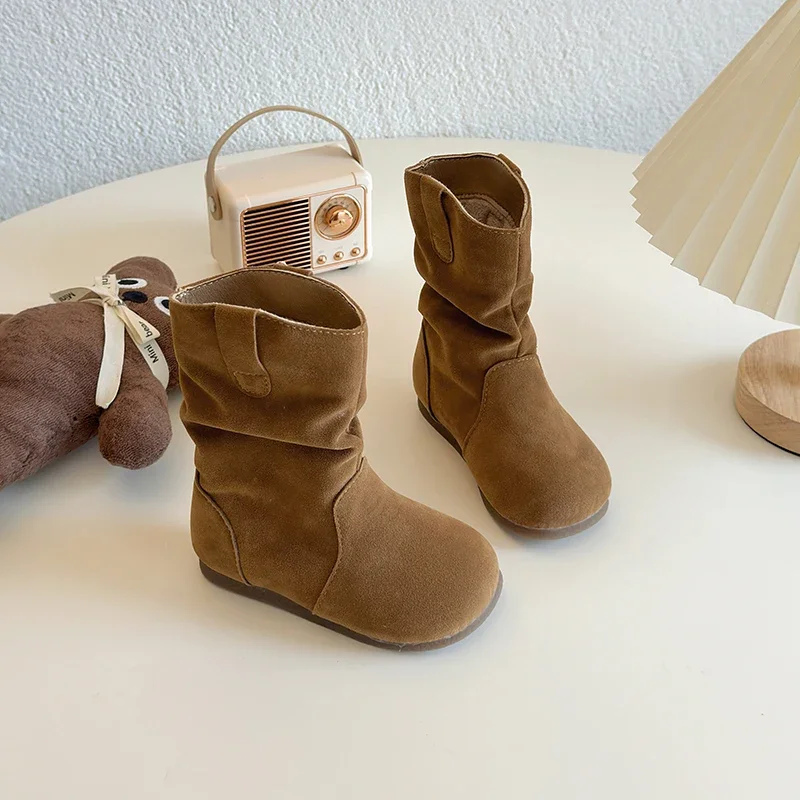 Winter Girl\'s Boots Suede Khaki Camel Slip-on Flexiable Classic Kids Boots Plush Warm Light Trendy Daily Comfy Children Shoes