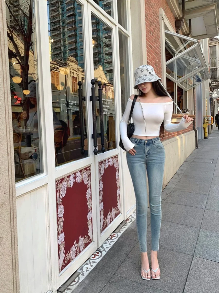 

High Waist Stretchy Slimming Leg Lengthening Pencil Nine Points Jeans Korean Cartoon Body ape God Pants Cotton Elastic Denim