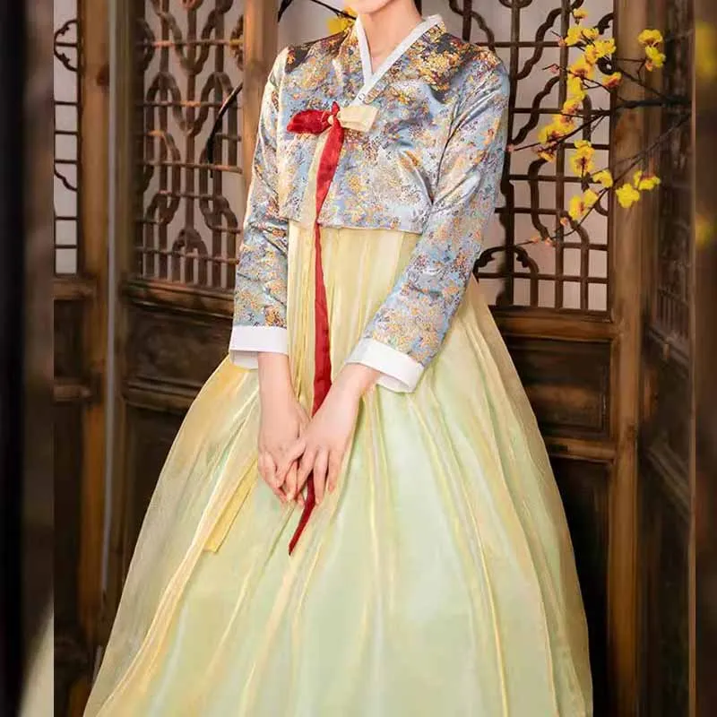 Vintage Palace Hanbok for Women Floral Jacquard Top Long Flared Skirt Set Traditional Korean Ethnic Costume Wedding Party Outfit