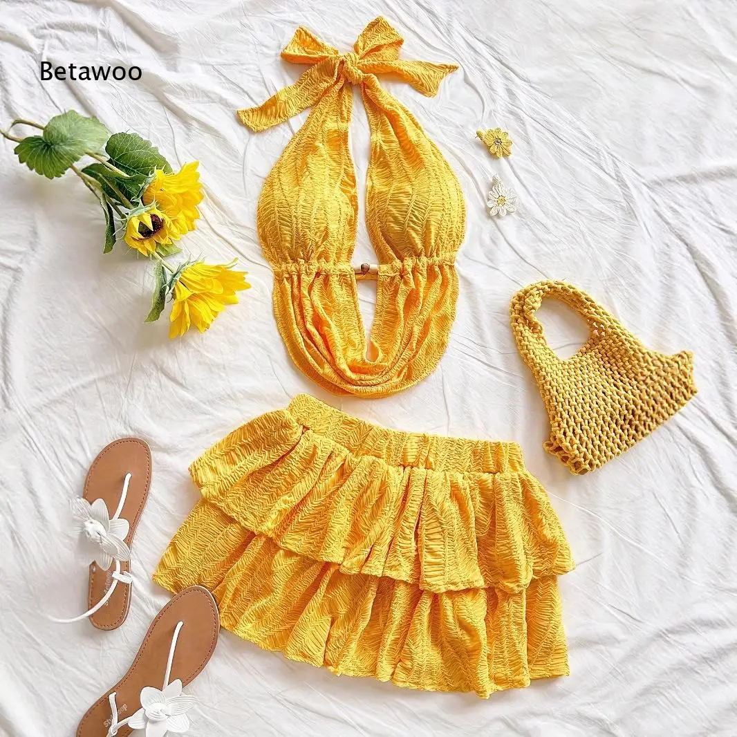Smocked Halter Crop Top and Ruffle Skirt Co Ord Set