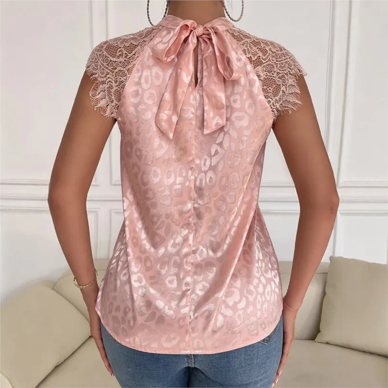2026 気質シャツブラウス女性のための Blusas トップス婦人服カジュアルスリムレースパッチワークヒョウ柄ハーフハイカラー