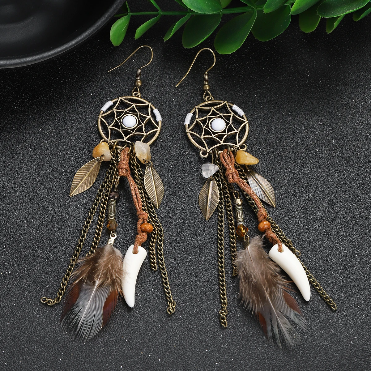 2023 Boho Vintage Earrings Summer Beach Dream Catcher Earrings Fashion Tassel Feather Earrings Jewelry Gift Pendientes
