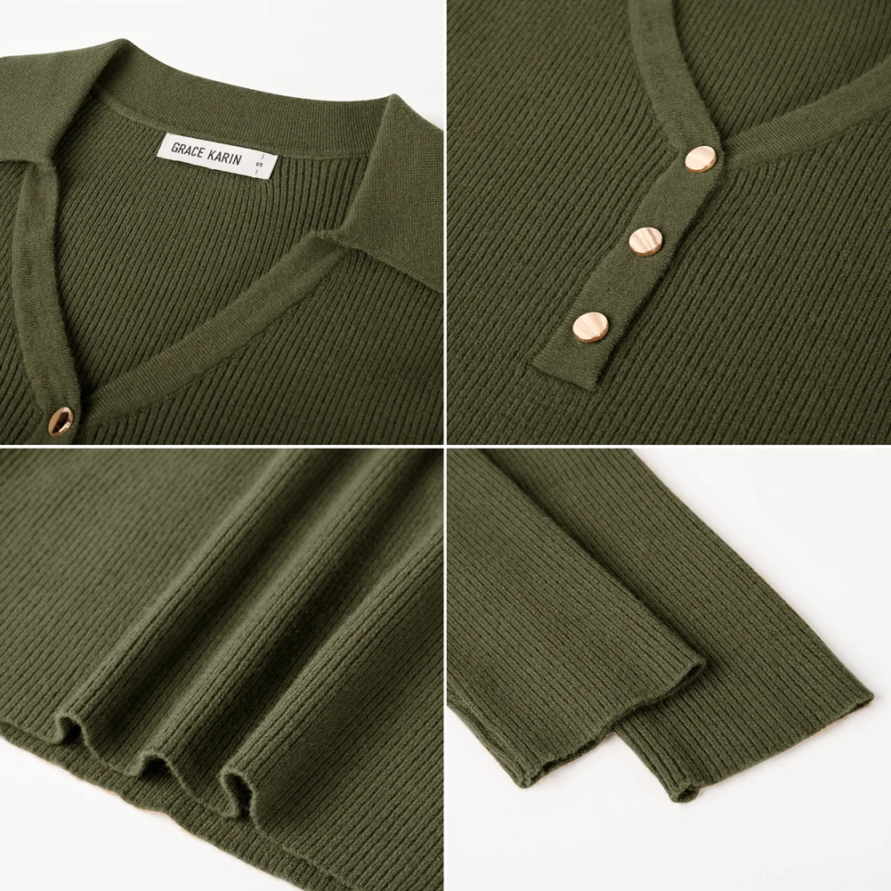GK Women Blouse Lapel Collar Sweater Comfy Long Sleeve V-Neck Solid Pullover Fashion Casual Knitwear Tee Female