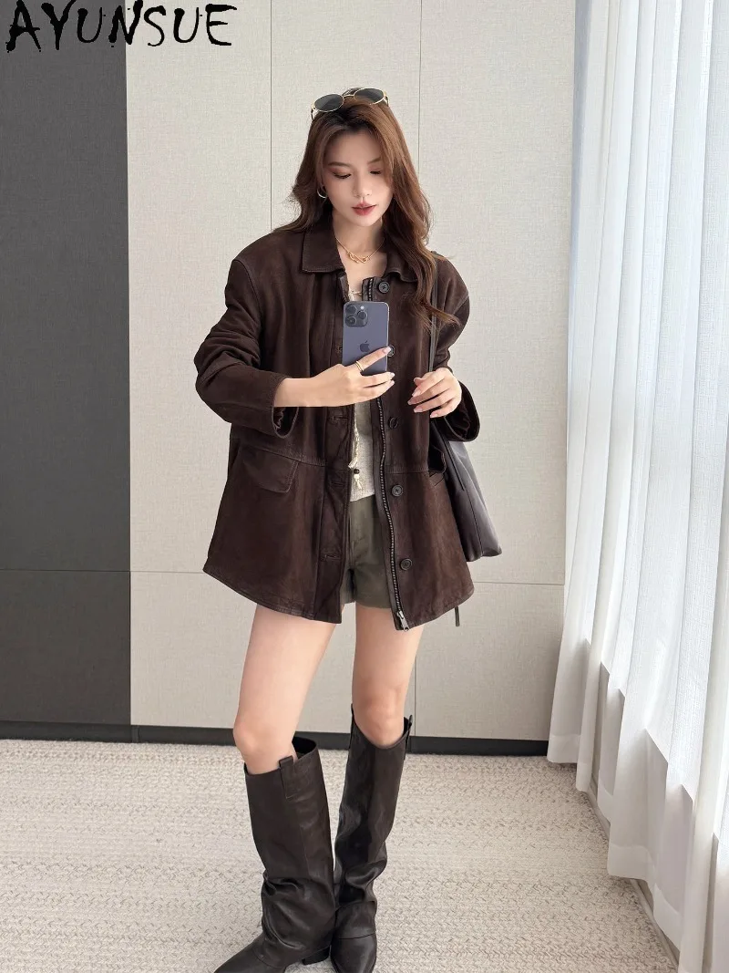 AYUNSUE Female Genuine Sheepskin Leather Jacket Vintage Lapel Suede Outerwear Womens Winter Clothes Slim Fit Jaqueta De Couro