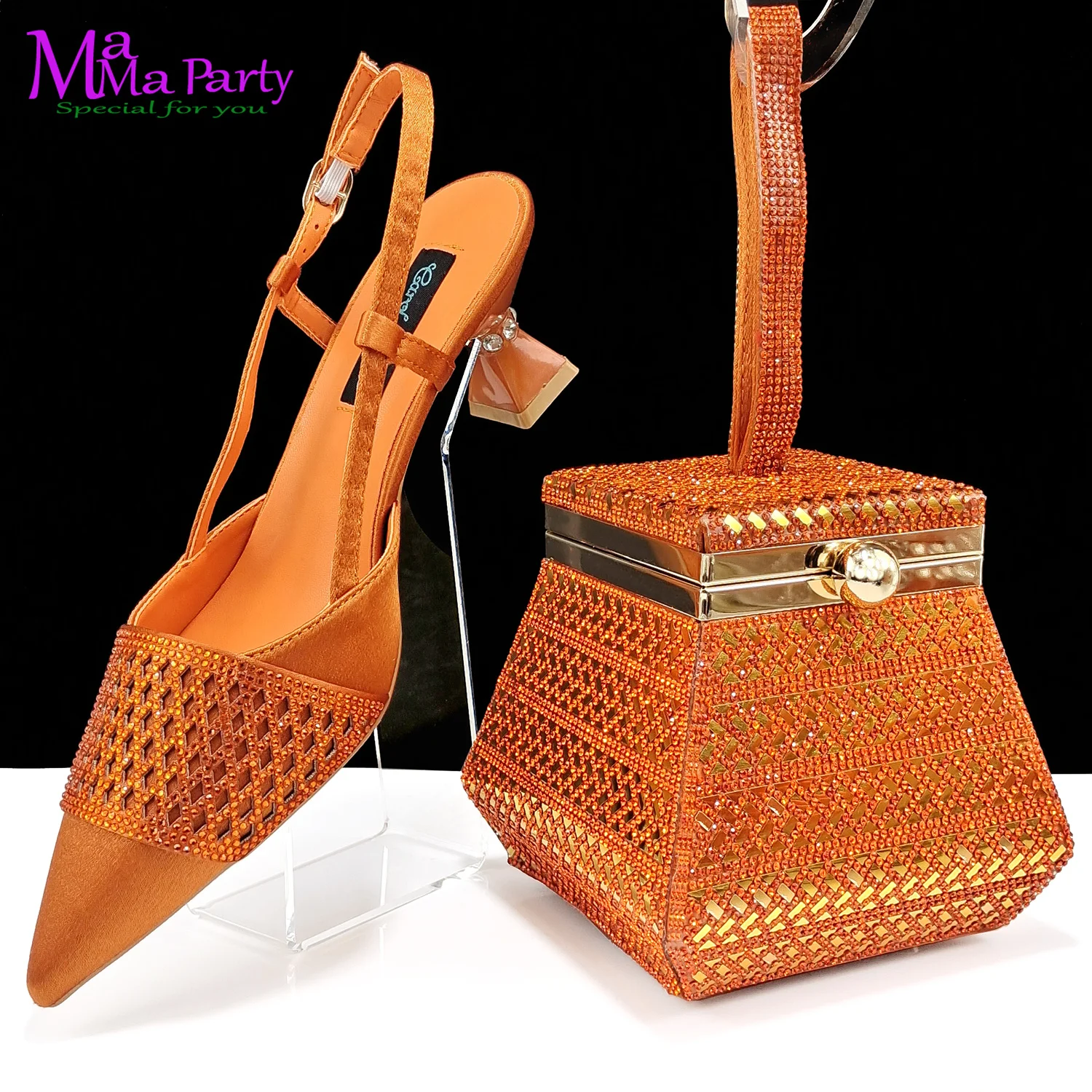 Orange Color Fashion Elegant Style African Women Shoes Matching Bag Set Special Design Pointed Toe Comfortable Heels for Party