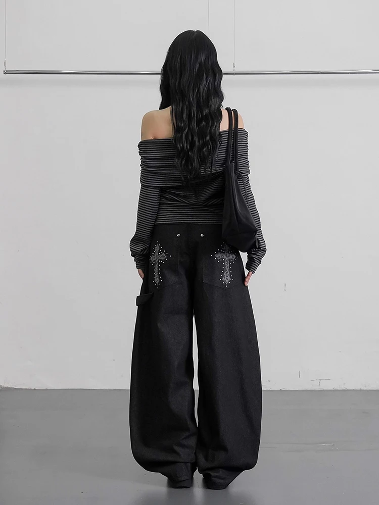 RORORIRI Leopard Cross Women's Jeans Alt Gothic Black Washed Studded Pockets Low Waist Barrel Baggy Pants Punk Grunge Streetwear