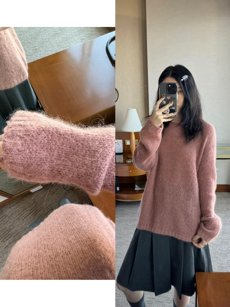 

Мягкий пухлый вязаный свитер с клецками, свободная верхняя одежда из мохера, внутренняя одежда, красивый круглый Ne Long Sve, теплая осень-зима