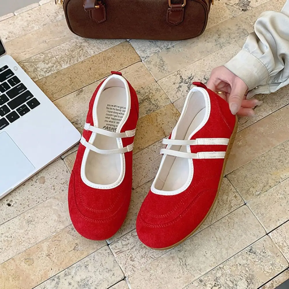 أحذية ماري جين المضادة للانزلاق ملابس الشارع أحذية راقصة الباليه على الطراز البريطاني الفرنسي من الجلد الصناعي بمقدمة مستديرة