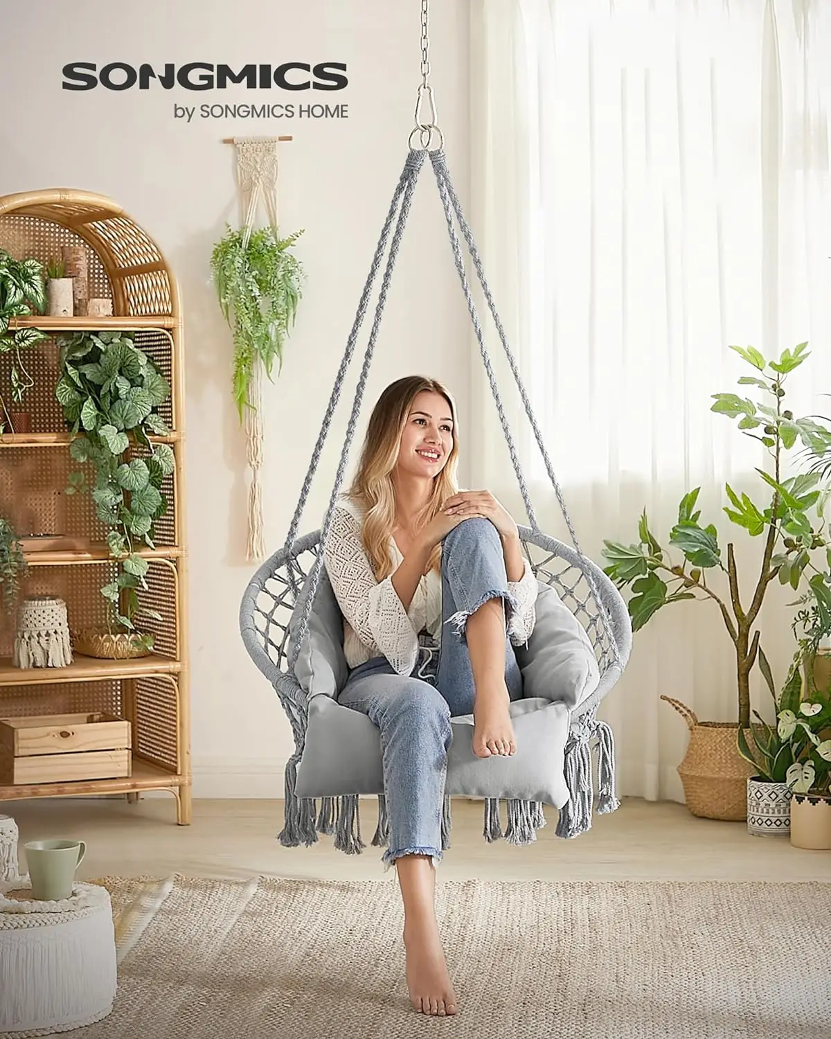 

Hanging Chair, Hammock with Large, Thick Cushion, Boho Swing for Bedroom, Patio, Balcony, Garden, Holds up to 264 lb,