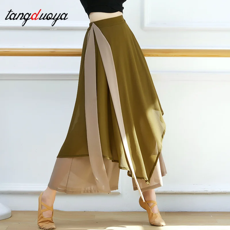 الرقص الشعبي الصيني السراويل الرقص الكلاسيكي النساء فضفاضة واسعة الساق بنطلون 2 طبقات الجنية الجسم قافية Dancewear الجانب سبليت حجم كبير