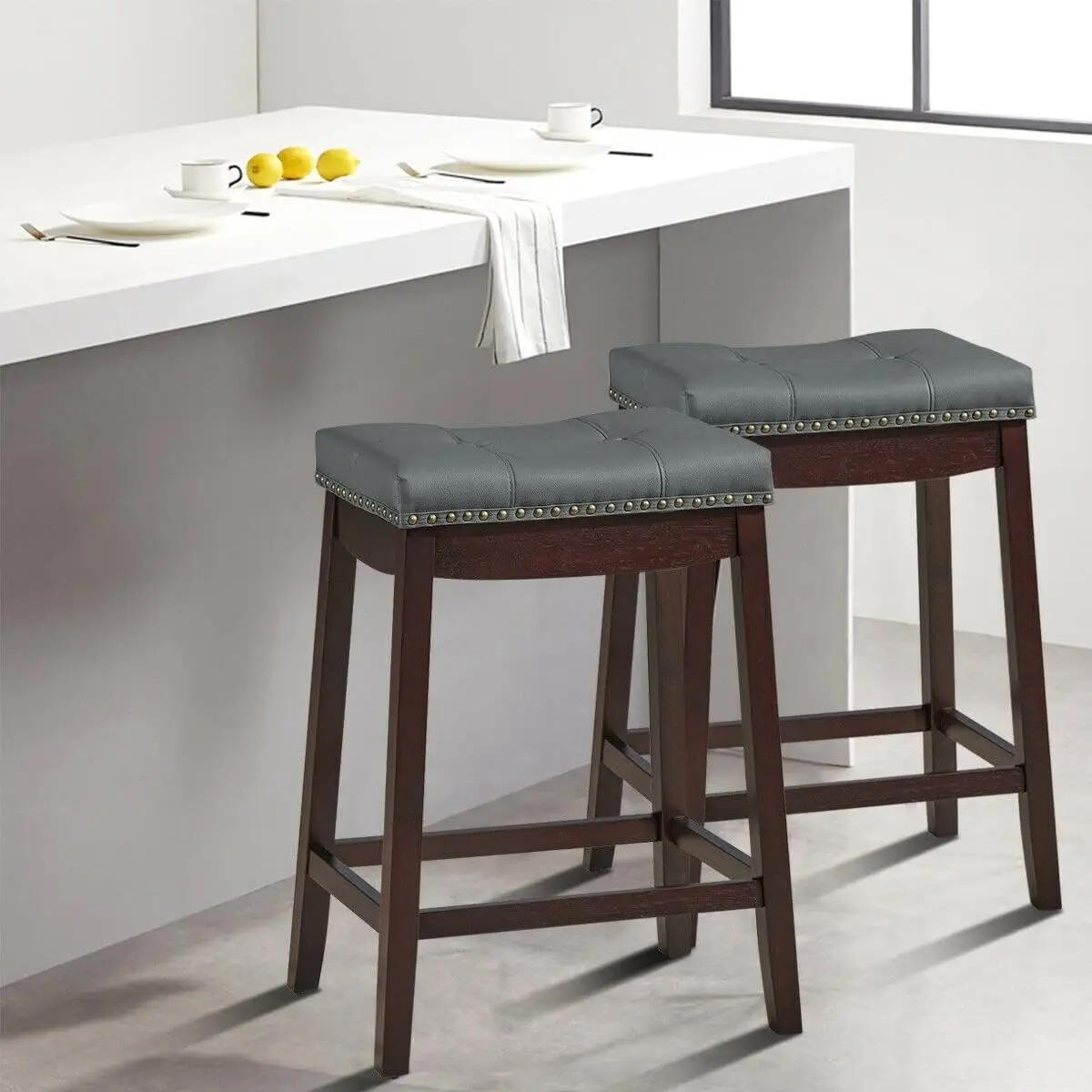 Bar Stools Set of 2-24 Inch Counter Stools, Solid Wood Legs Espresso with Gray PU Cushion for Kitchen Island - Coffee Leg