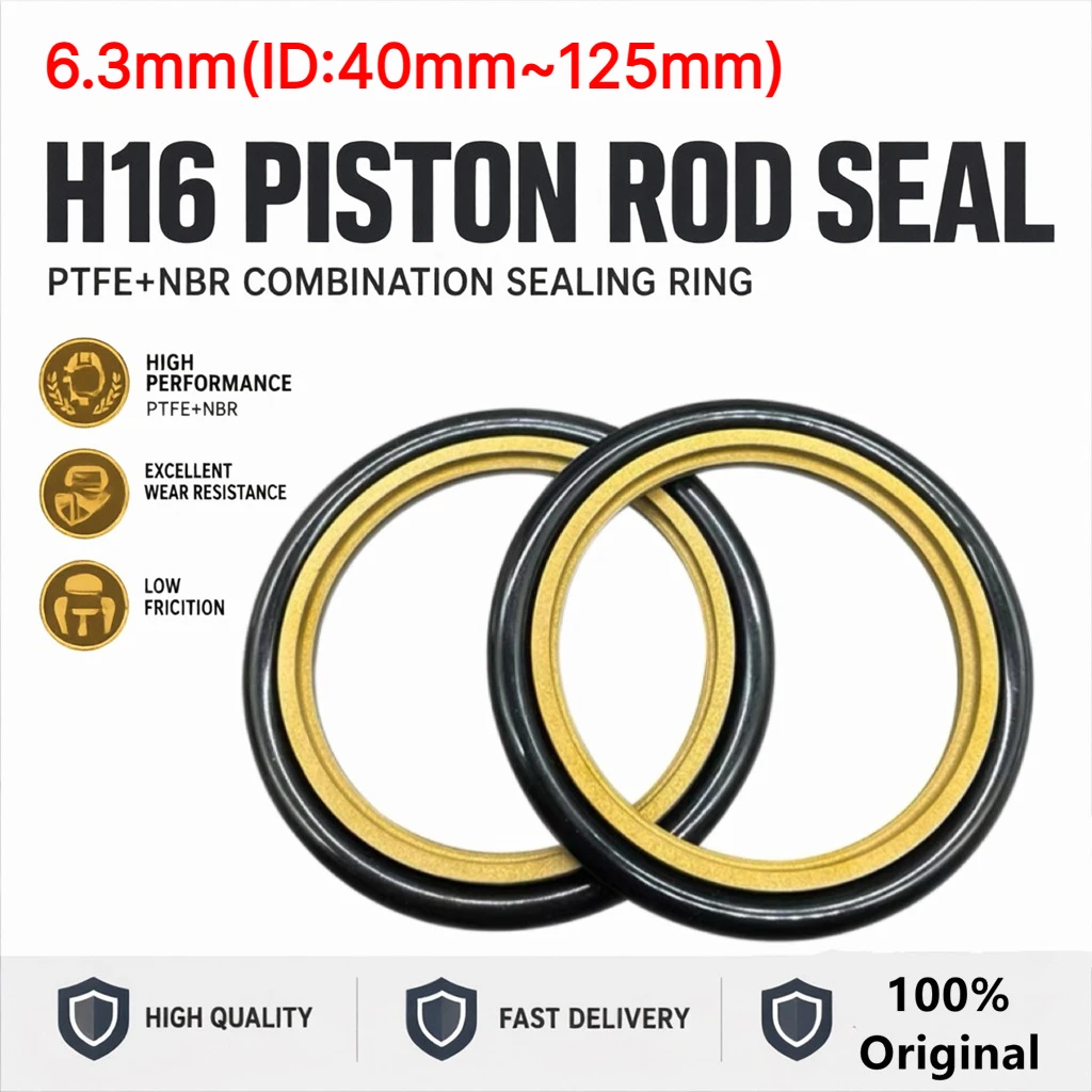 H16 Single Acting Piston Rod Oil Seal 6.3mm(ID:40mm~125mm) PTFE+NBR Combination Seal Compatible with ISO7425 Standard Groove