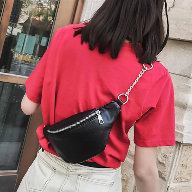 Women\'s Casual PU Waist Bag Chain Fanny Pack Travel Belt Purse Shoulder Bags Female Crossbody Bags Black/White