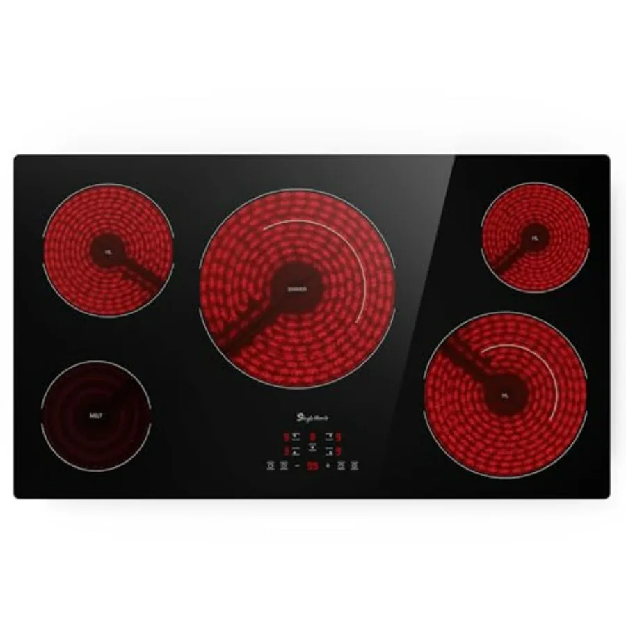 

36 Inch 5 Burners Electric Cooktop with Ceramic Radiant Surface Sensor Touch Control Fast Heat 9000W Hard Wire for 220V240V Bui