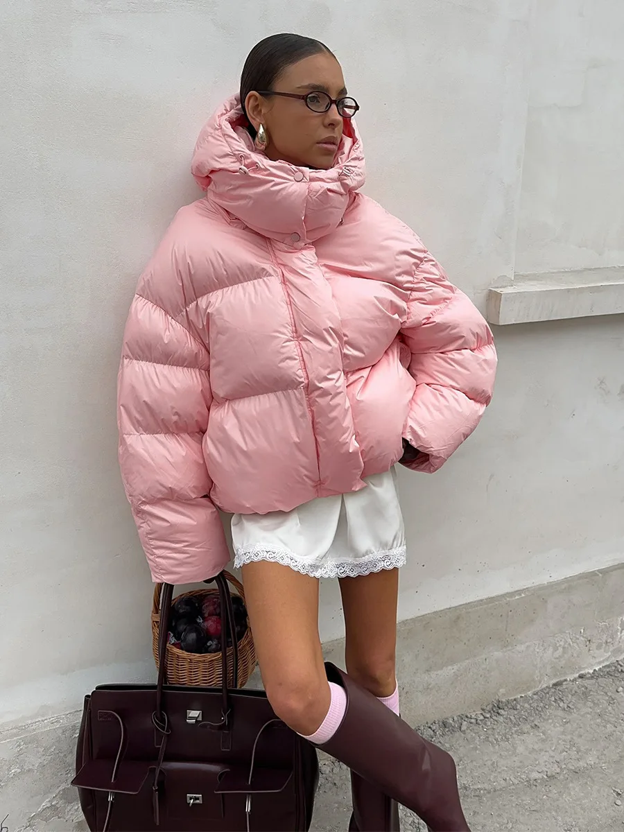 

Fashion Pink Hooded Cotton Coat Women Elegant Long Sleeve Single-breasted Loose Short Jacket Winter Lady Warm Street Outerwear