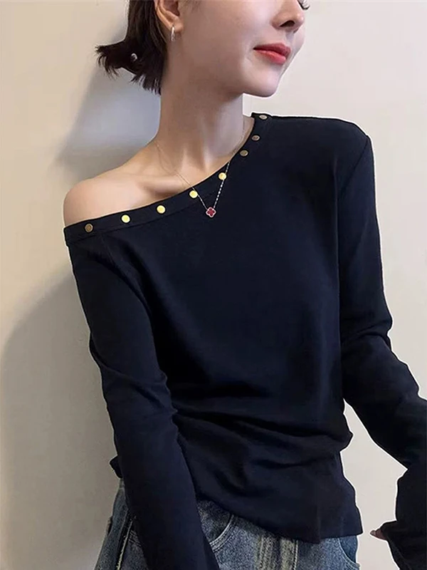 Shoulder Bared Long Sleeve T-Shirt Base Shirt Women's Fashion Spring Autumn Winter New Style High Grade Elegant Small Shirt I...